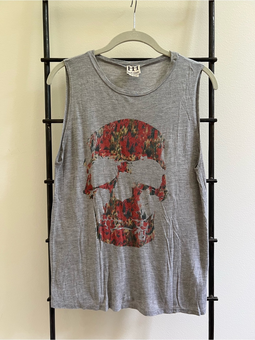 Haute Hippie Grey Sleeveless Tee with Skull Graphic